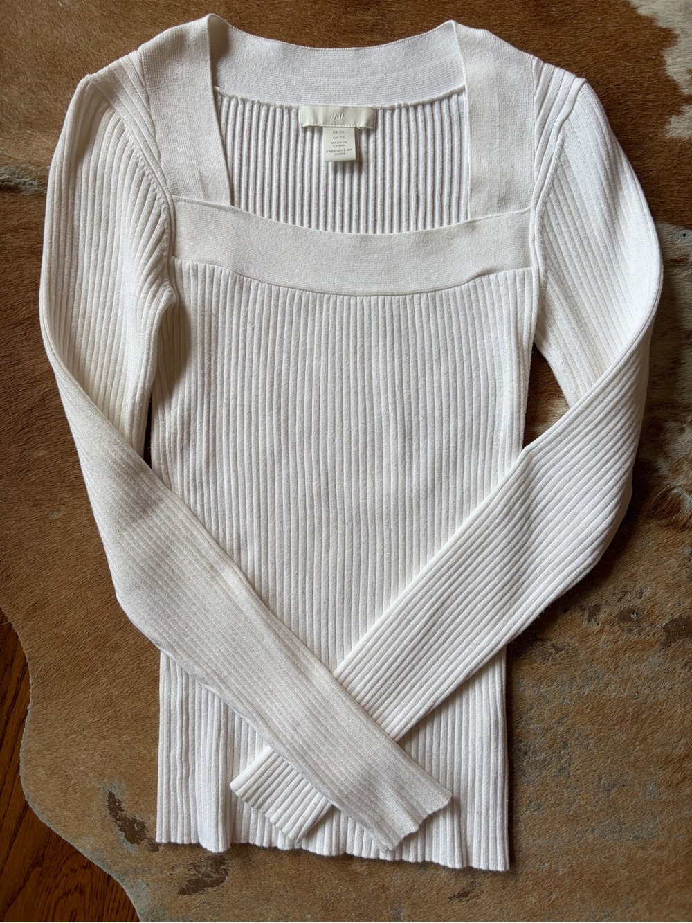 Women’s White Ribbed Square-Neck Sweater